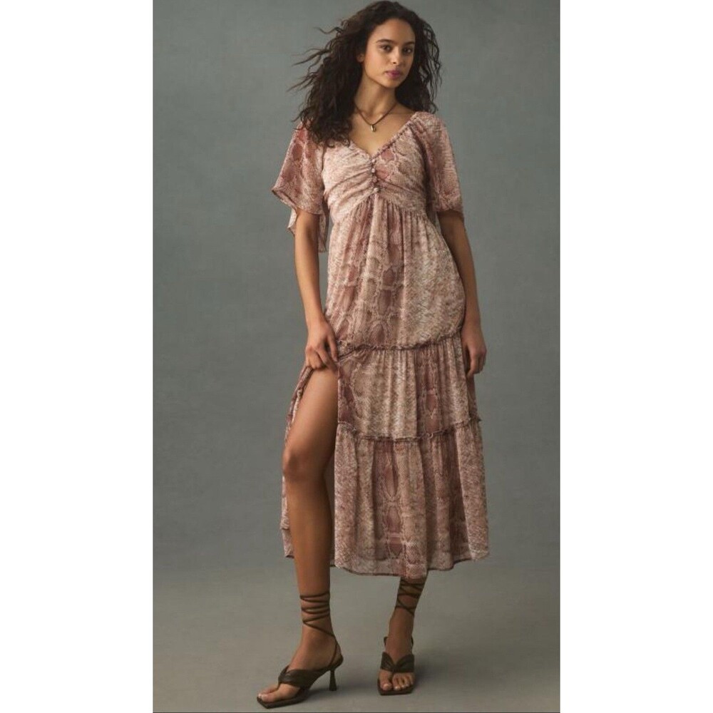 Anthropologie Midi Dress Women Brown Tiered Preppy Boho Vacay Retro Size XS NWT